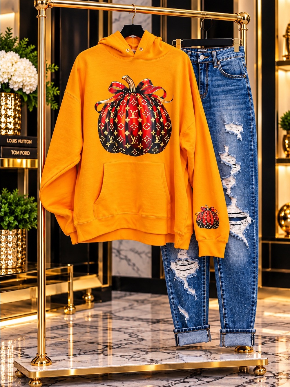 Golden Plus Size Hoodie with Pumpkin Graphic